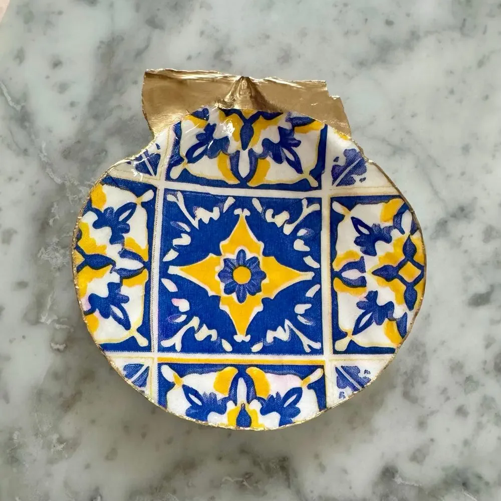 Mediterranean Tile Shell Trinket Dish | Blue Yellow Ring Holder